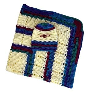 Crochet Baby Blanket Hat Set Cream Blue Green Purple Red